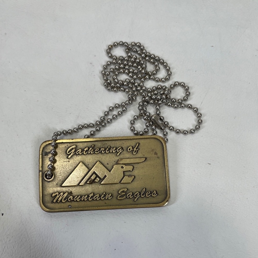 Vintage Gathering of Mountain Eagles Dog Tag Necklace Brass Tone Eagle Pendant